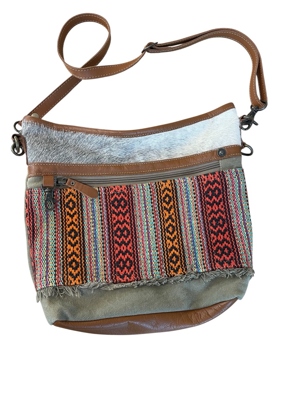 Myra Bag upcycled canvas , leather sand cowhide crossbody shoulder boho